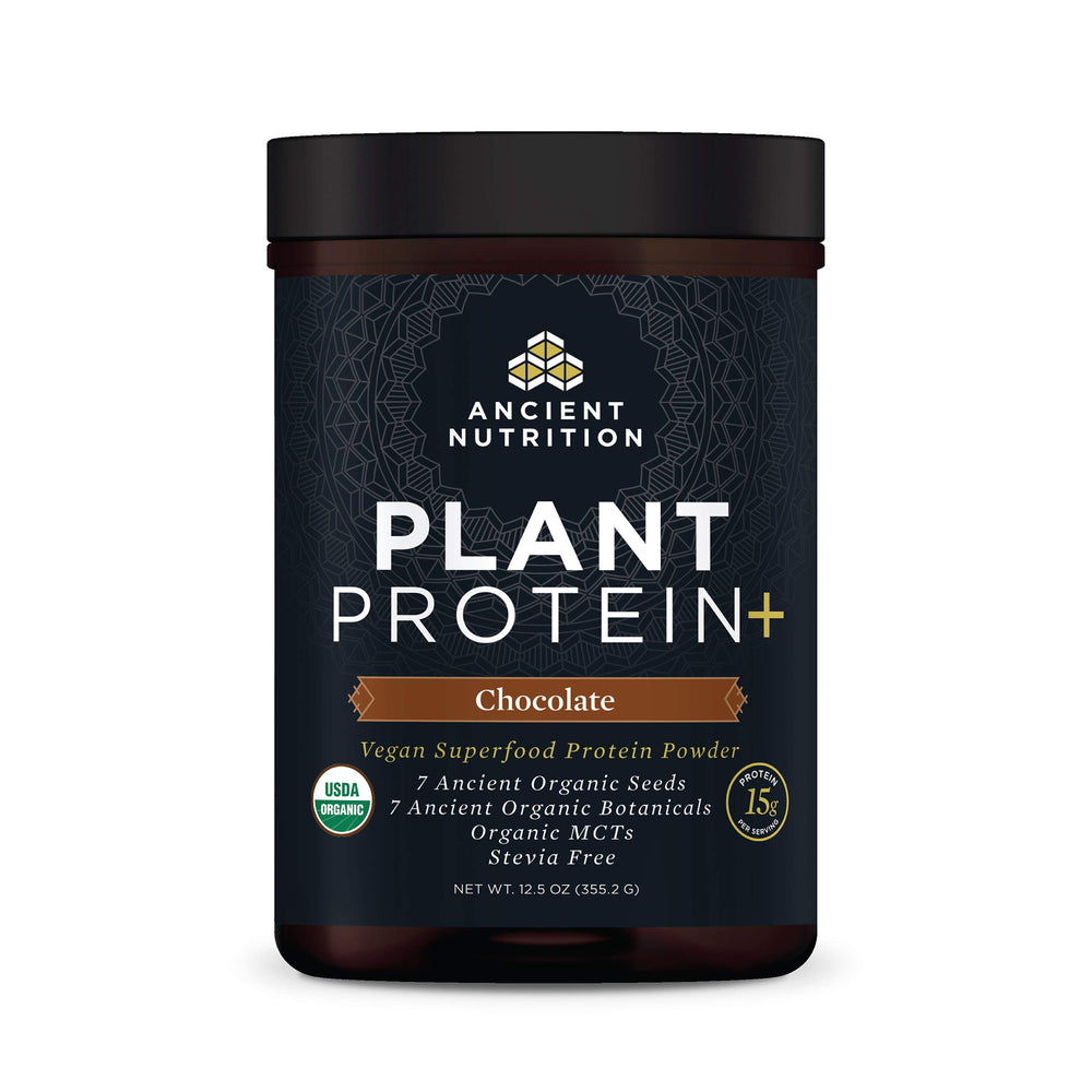 Ancient Nutrition Plant Based Protein Powder bottle shows 15g protein per serving for vegan shakes