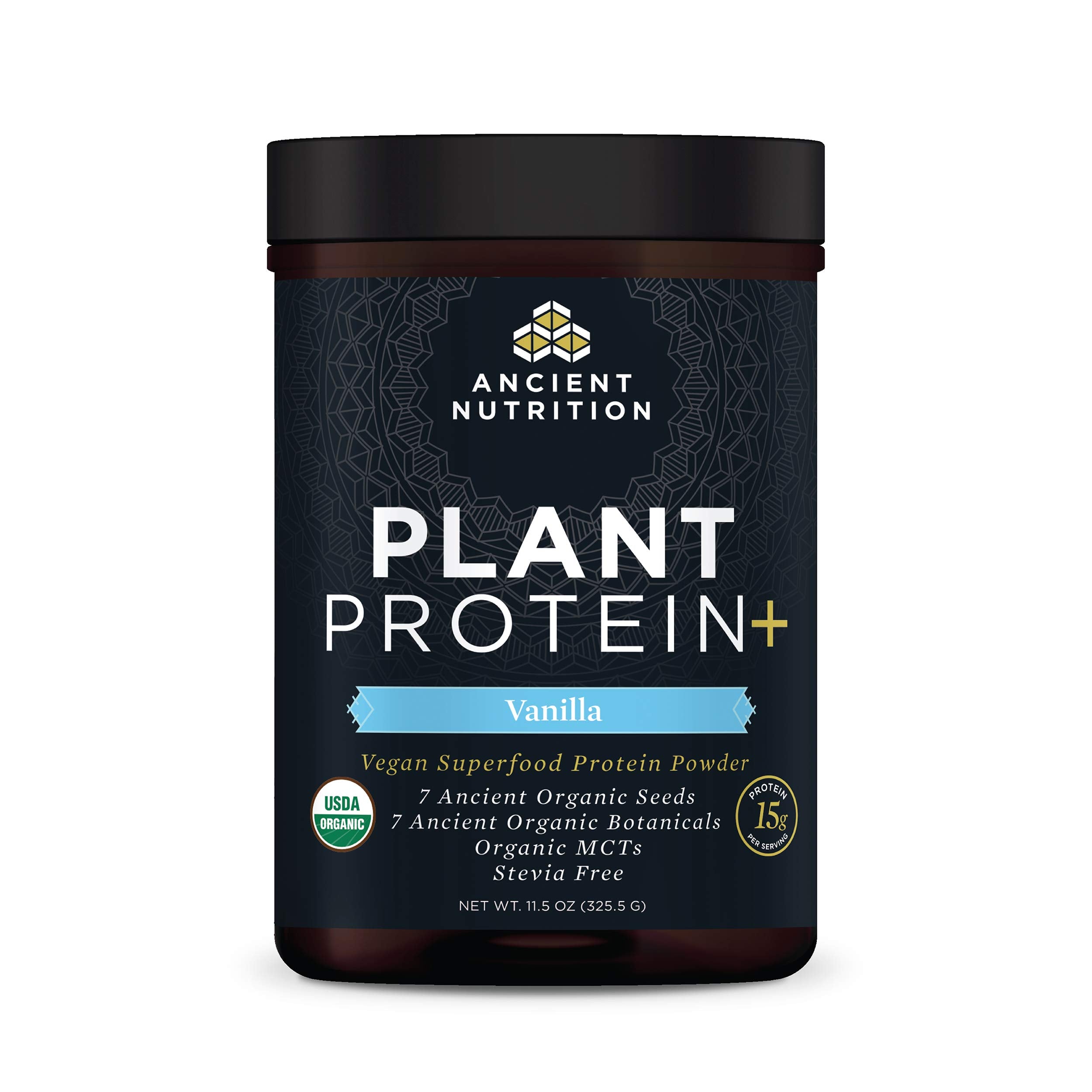 Ancient Nutrition Plant Protein Vanilla jar with scoop boosts post-workout recovery