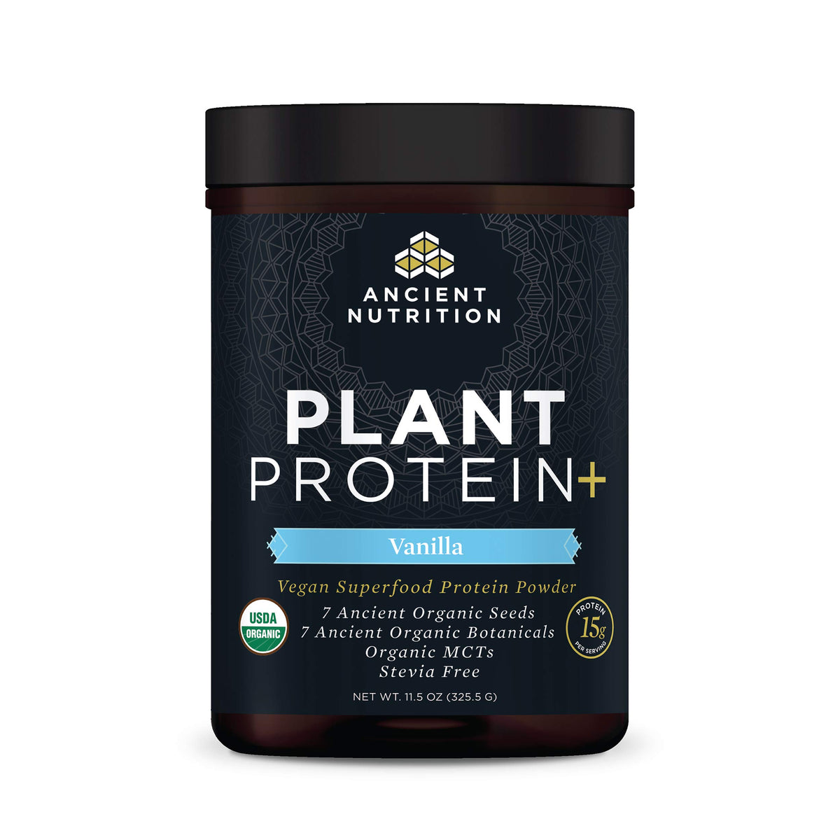 Ancient Nutrition Plant Protein Vanilla jar with scoop boosts post-workout recovery