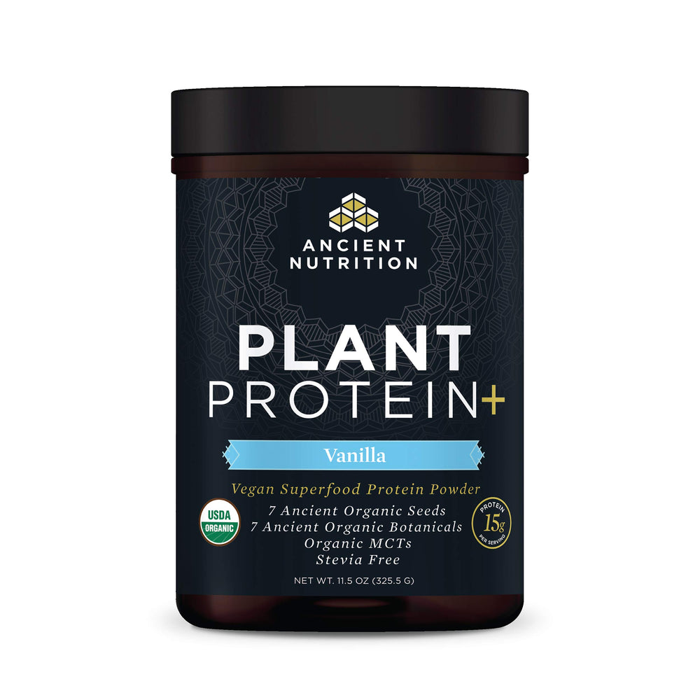 Ancient Nutrition Plant Protein Vanilla jar with scoop boosts post-workout recovery