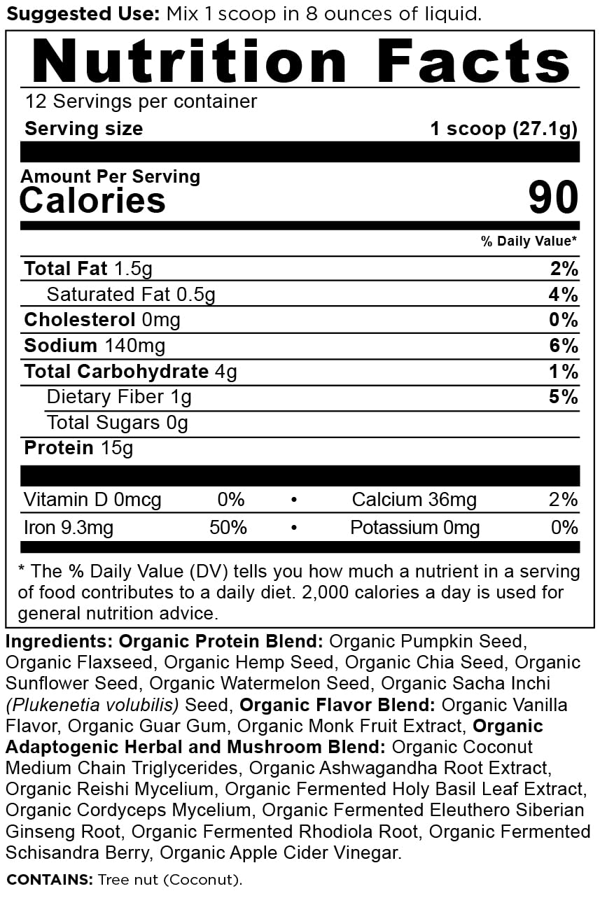 Ancient Nutrition Plant Protein Vanilla tub shows 15g protein per serving