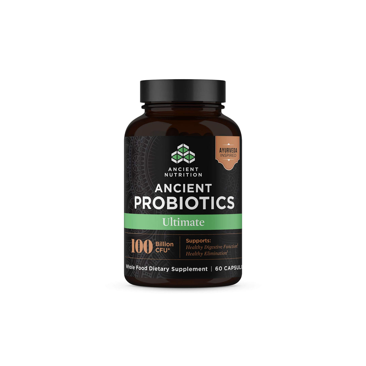 Front view of Ancient Nutrition Probiotics Ultimate bottle with label.