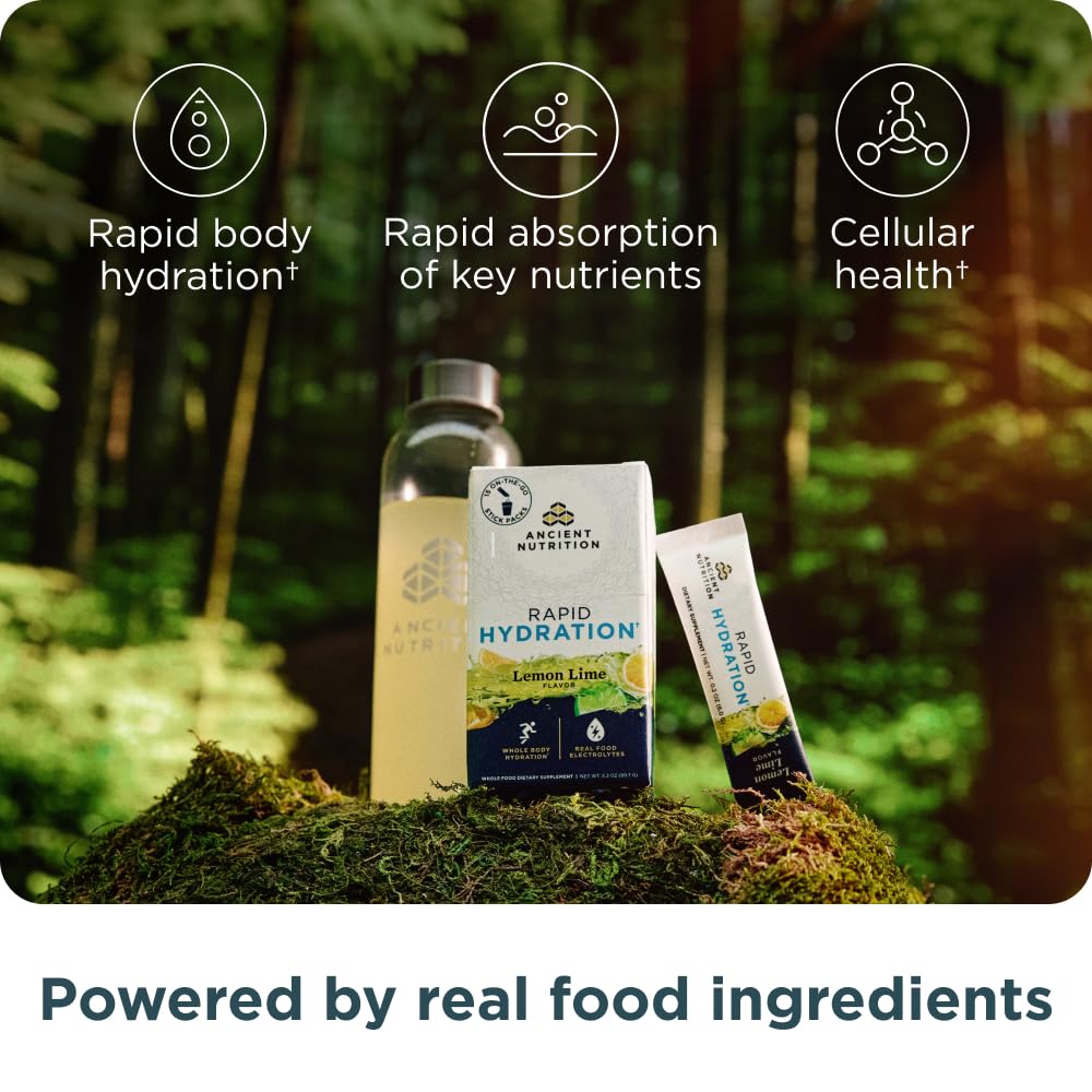 Ancient Nutrition Rapid Hydration powder scoop in water, mixing natural electrolytes and sea salts