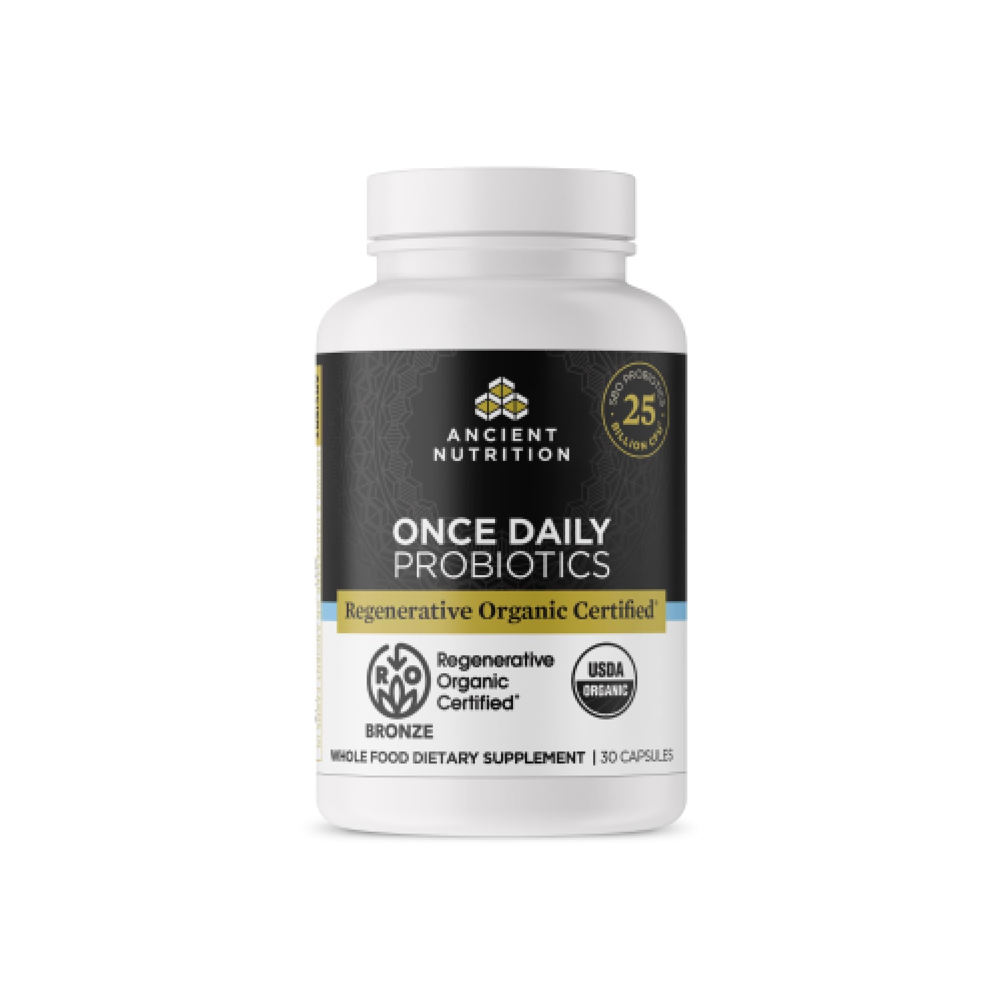 Front view of Ancient Nutrition Regenerative Organic Probiotics bottle – 30 count