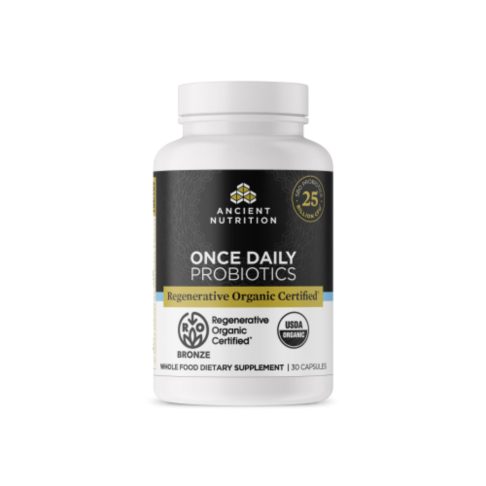 Front view of Ancient Nutrition Regenerative Organic Probiotics bottle – 30 count