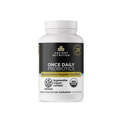 Front view of Ancient Nutrition Regenerative Organic Probiotics bottle – 30 count