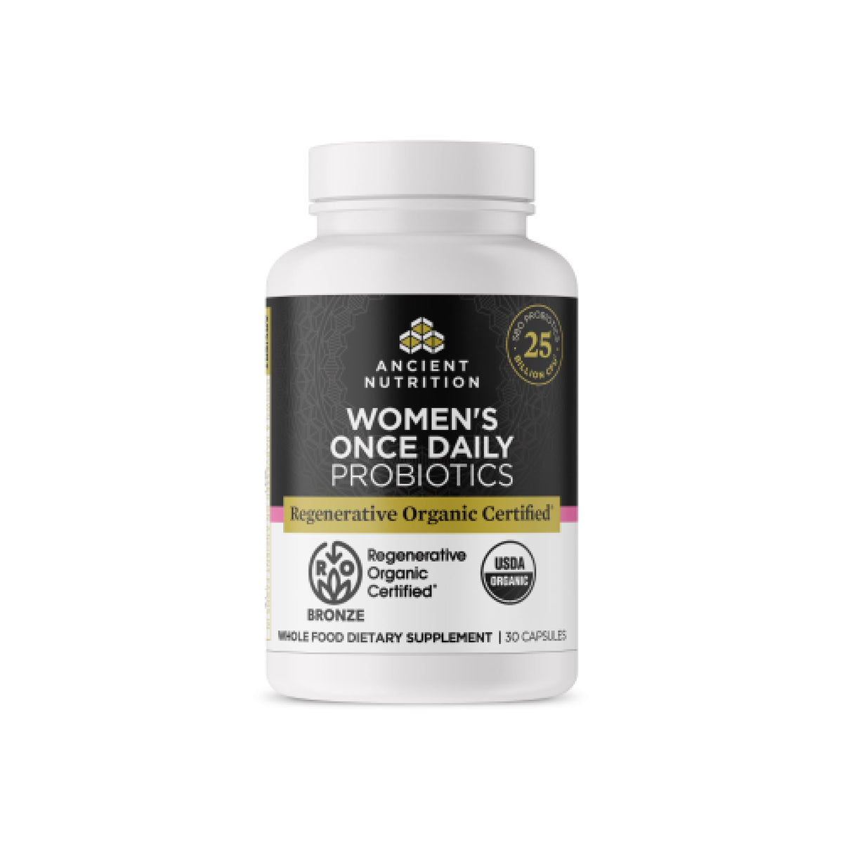Bottle of Ancient Nutrition Regenerative Organic Certified Probiotics for Women, 30 Count