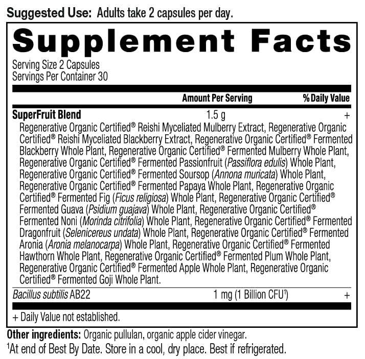 Close-up of the label on Ancient Nutrition ROC SuperFruits Capsules
