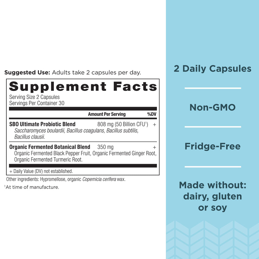 Close-up of SBO Probiotics Ultimate label showing 50B CFUs per serving