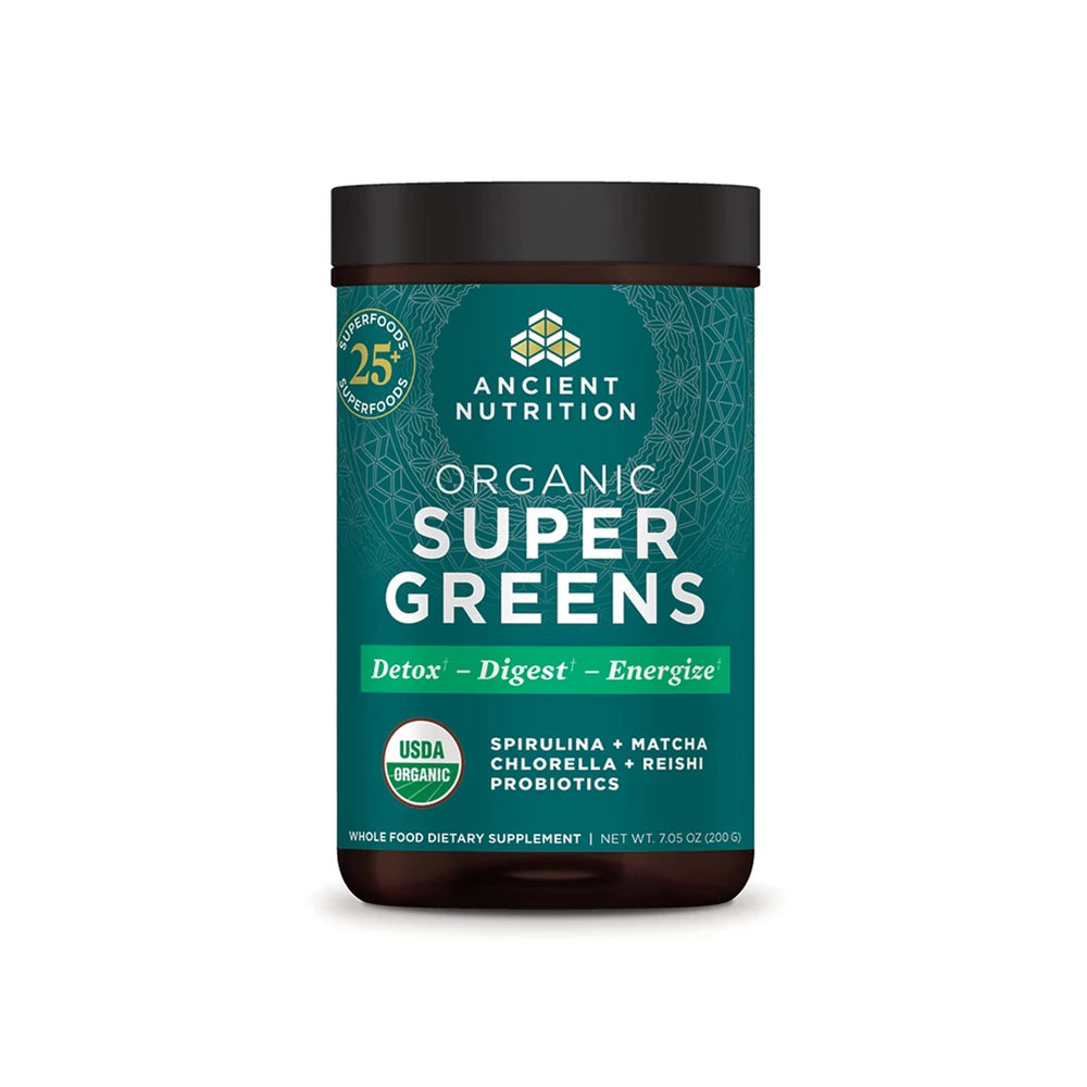 Ancient Nutrition Organic Super Greens powder tub