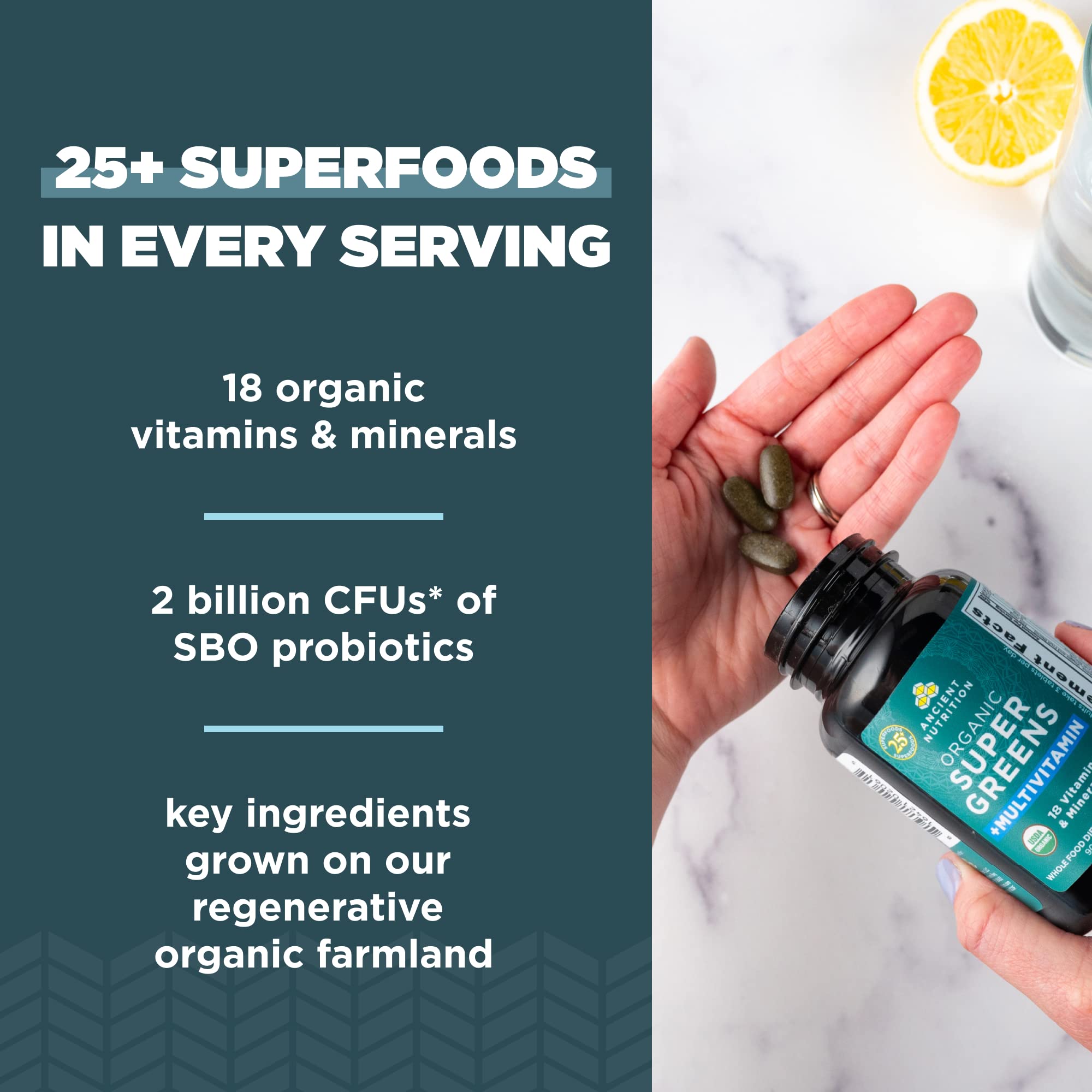 Real fruits and vegetables used in Ancient Nutrition Supergreens