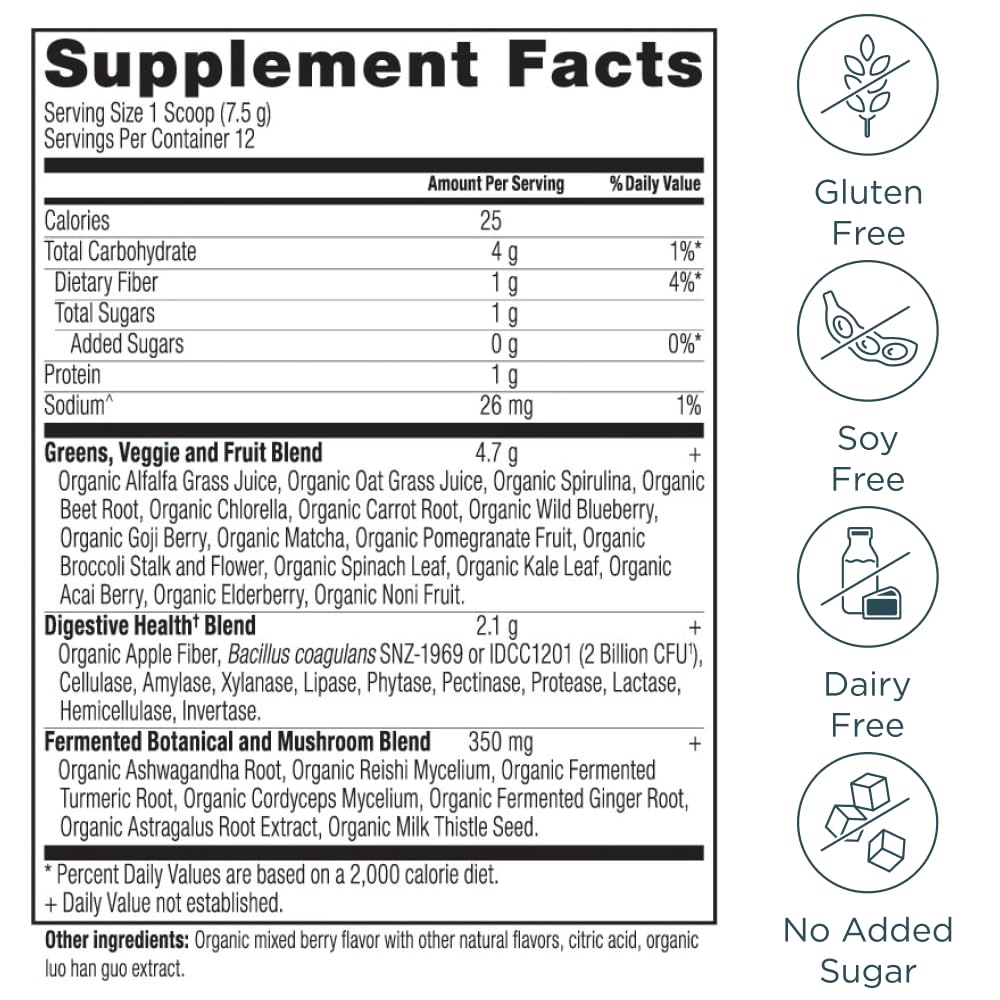 Ancient Nutrition SuperGreens Organic Berry powder back label