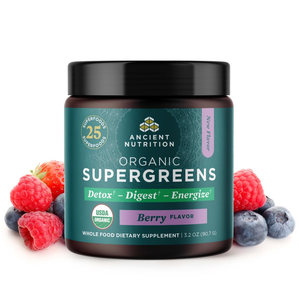 Ancient Nutrition SuperGreens Organic Berry powder front view