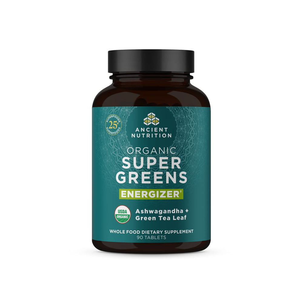 Ancient Nutrition Supergreens Energizer Tablets bottle and label (90 Count)