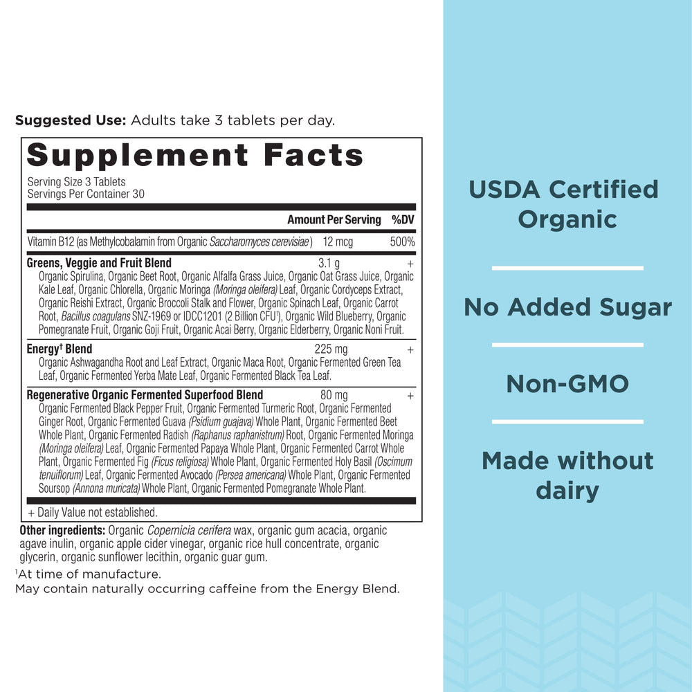 Close-up of ingredients for Ancient Nutrition Supergreens Energizer Tablets