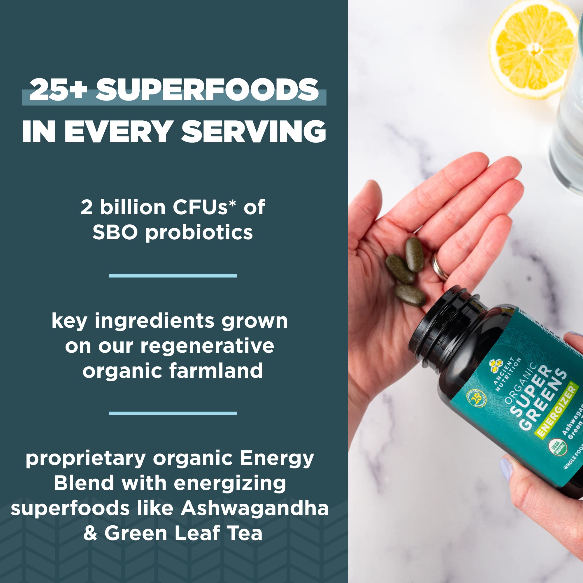 Organic ingredients used in Ancient Nutrition Supergreens Energizer Tablets