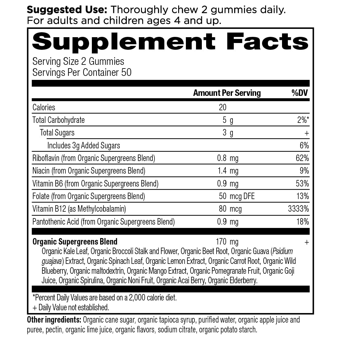 Close-up of bottle label of Organic SuperGreens Gummies