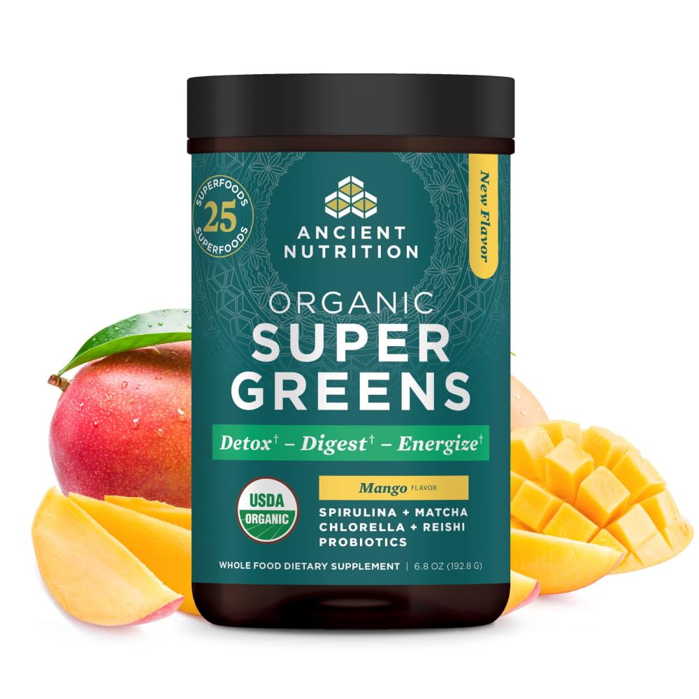 Front view of Ancient Nutrition SuperGreens Mango powder canister
