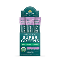 Front packaging of Ancient Nutrition SuperGreens Powder with Probiotics in Berry flavor