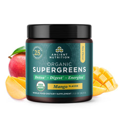 Ancient Nutrition SuperGreens Probiotics canister with Organic Mango flavor