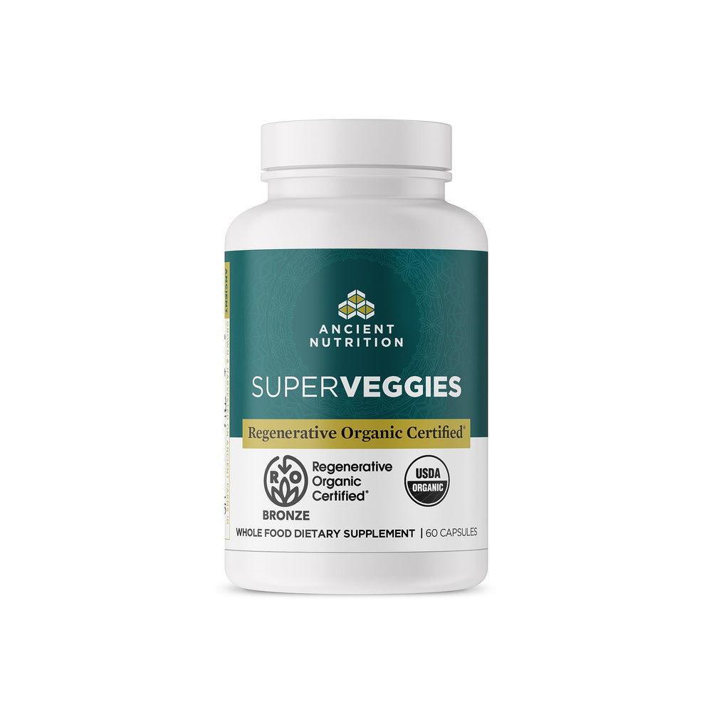 Bottle of Ancient Nutrition SuperVeggies Capsules with Regenerative Organic Certified seal