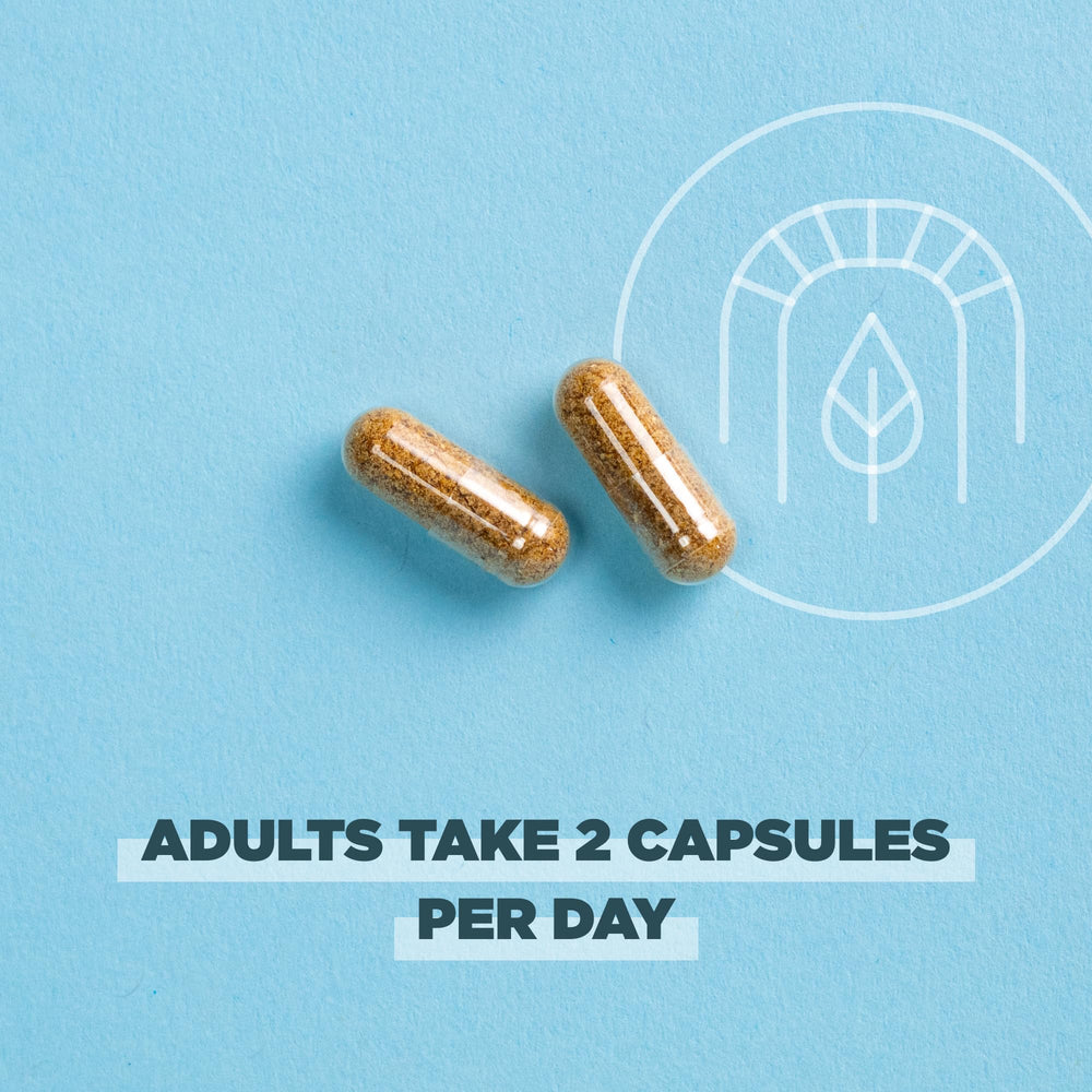 Capsules spilling from a bottle on a white background
