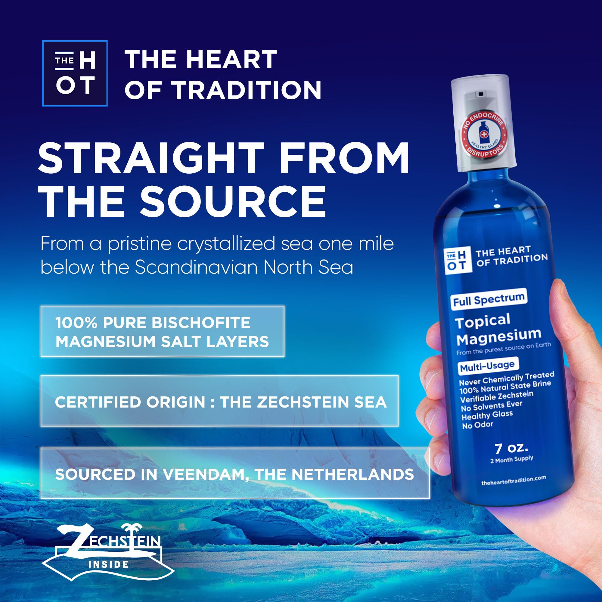 Ancient Zechstein Sea magnesium oil in a blue glass bottle