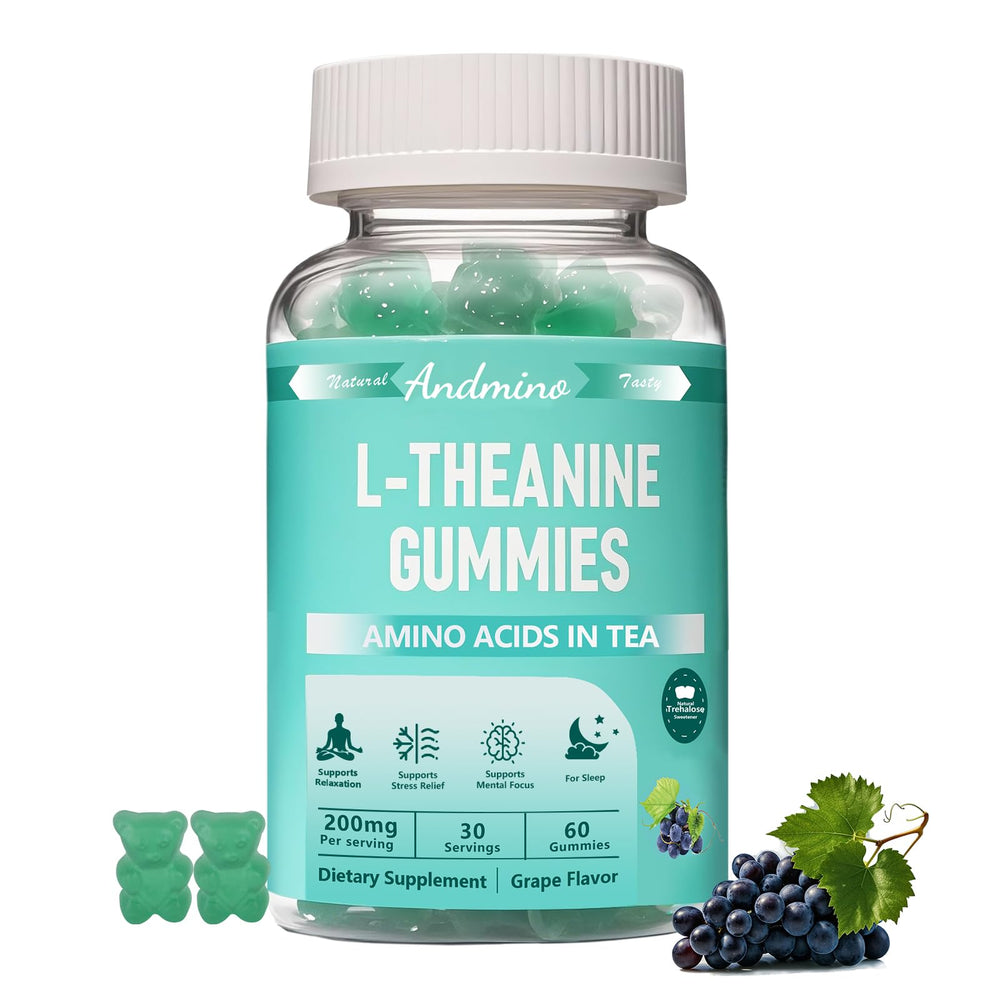 Andmino L-Theanine Gummies 200mg with Trehalose – grape flavor, 60-count bottle