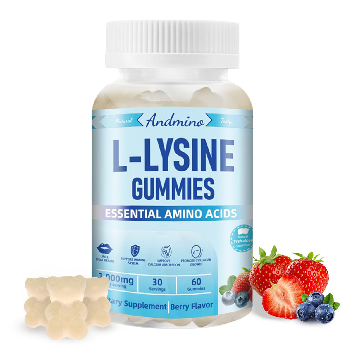 Andmino L-Lysine Gummies 1000 mg Berry flavor bottle front