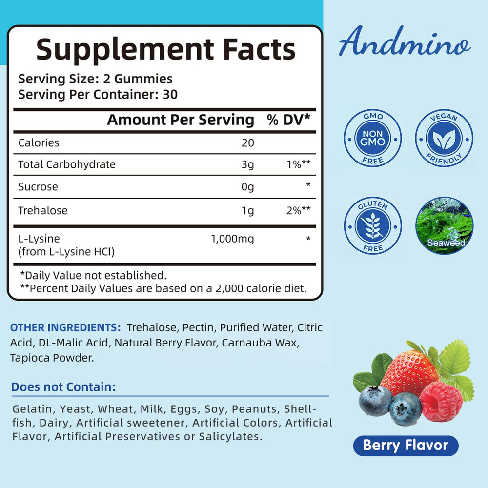 Andmino Lysine Gummies berry bottle with label