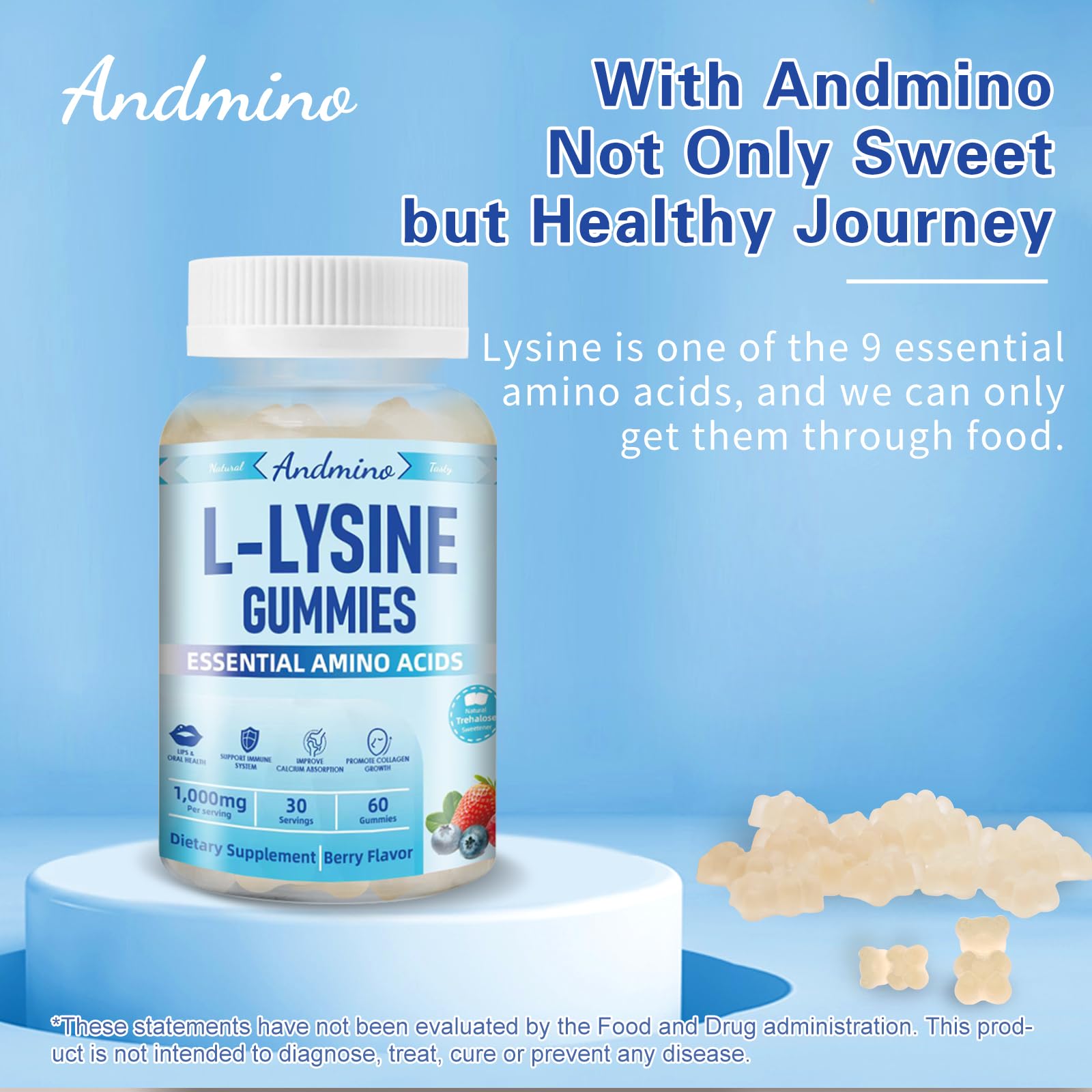 60-count bottle packaging for Andmino L-Lysine Gummies