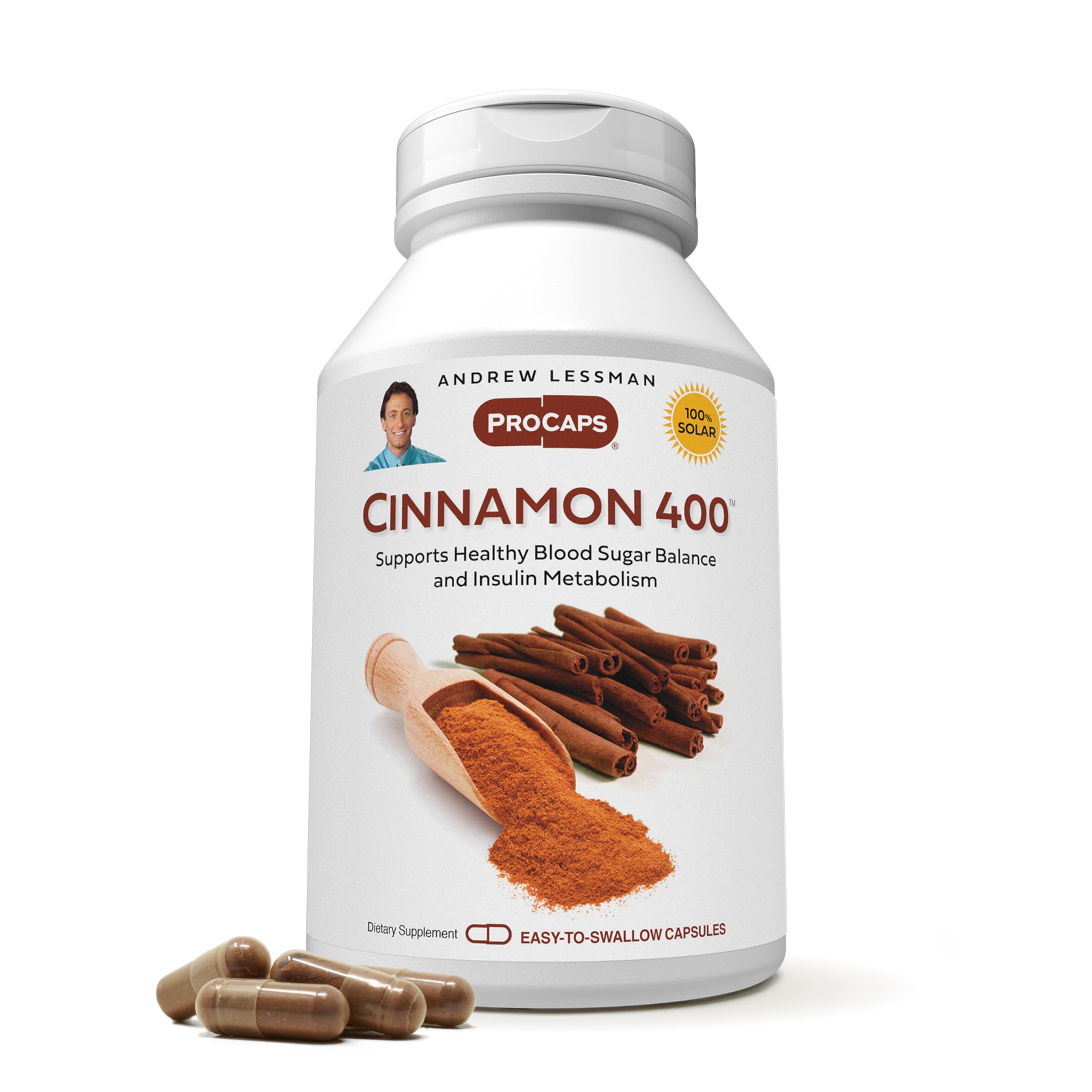 Front view of Andrew Lessman Cinnamon 400mg bottle with 120 capsules