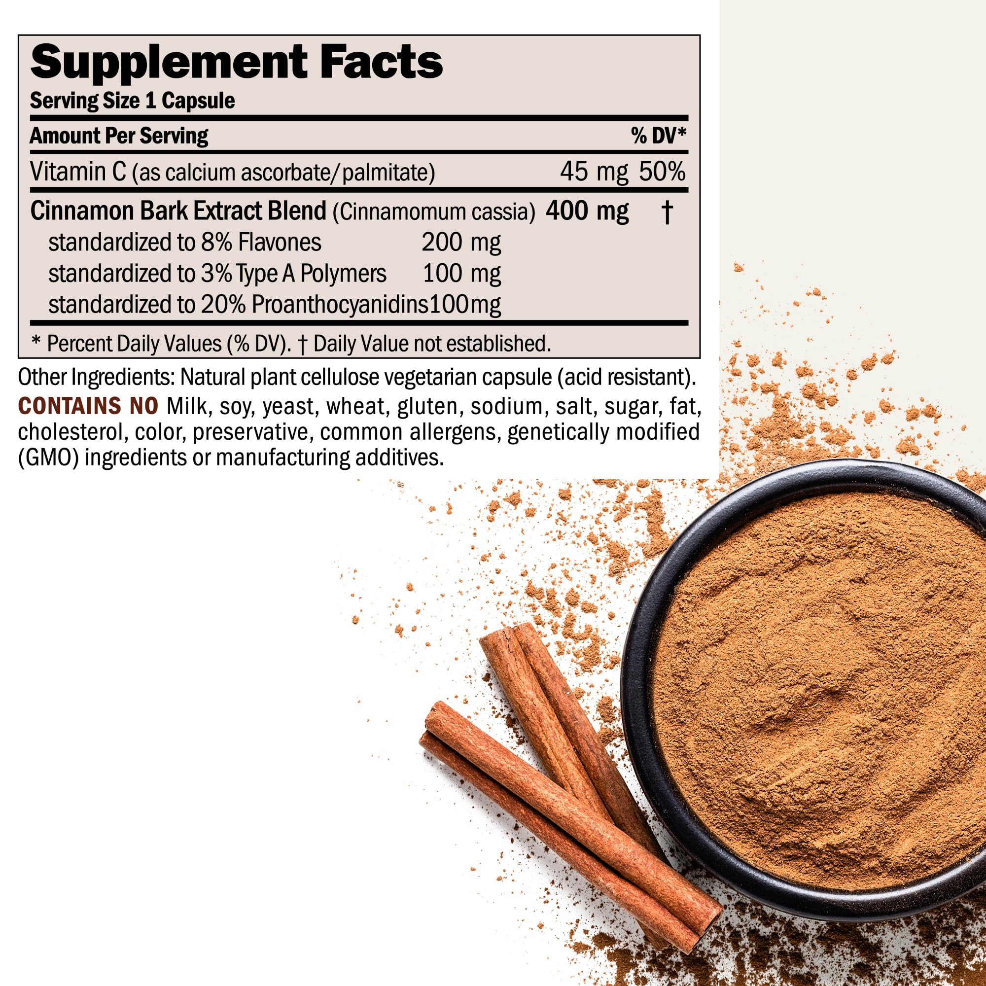 Close-up of Cinnamon 400mg bottle label