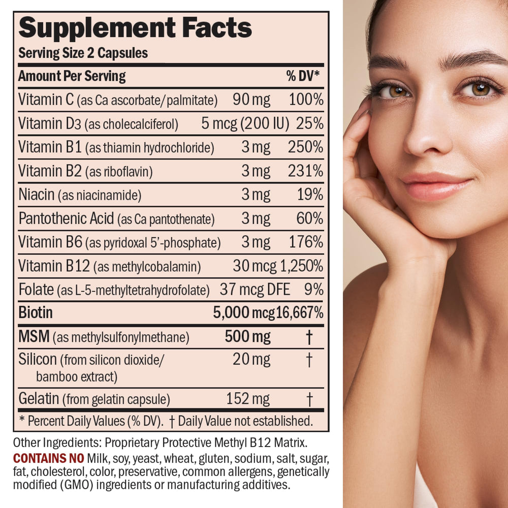 Close-up of Biotin 5000 mcg on product label