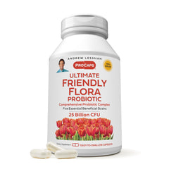Bottle of Andrew Lessman Ultimate Friendly Flora Probiotic 60 capsules with label showing 25 Billion CFU and five strains