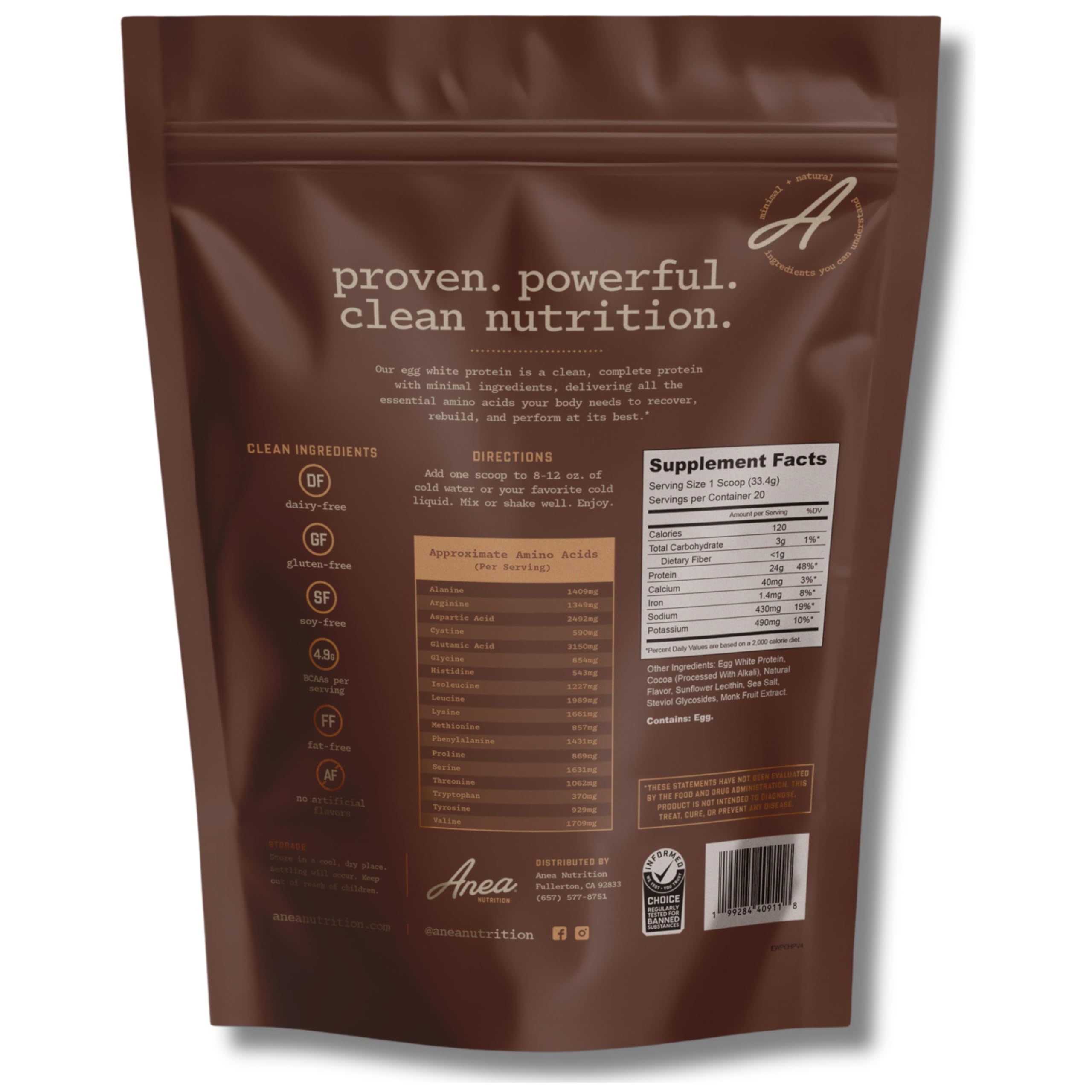 Chocolate egg white protein powder scoop on white background