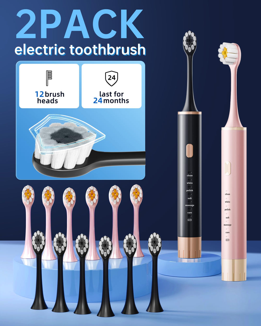 Aneebart black and pink electric toothbrush 2-pack with front view