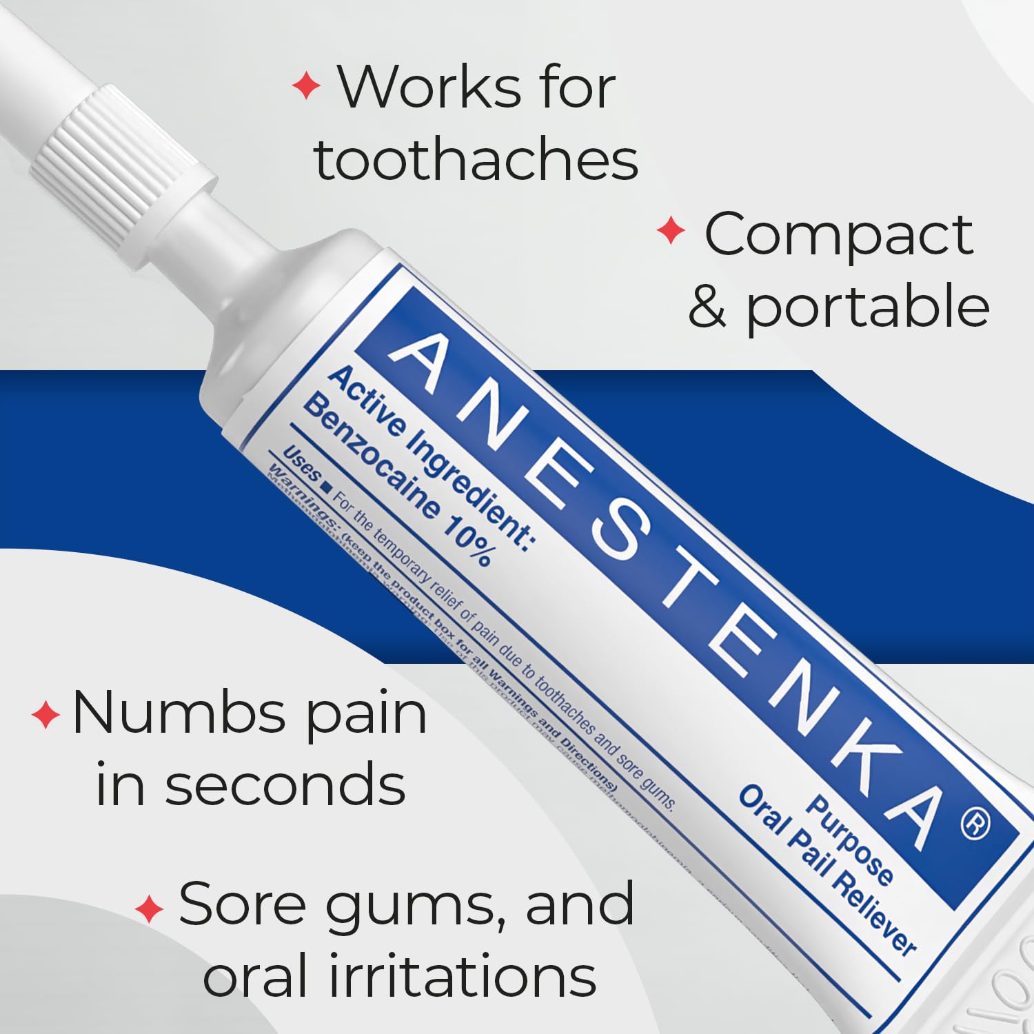Benzocaine tooth pain relief label and bottle