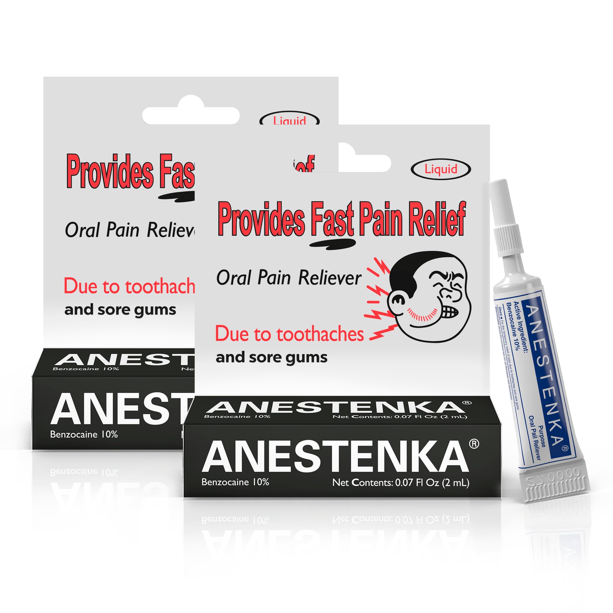 Anestenka Tooth Pain Relief benzocaine bottle and 2-pack packaging
