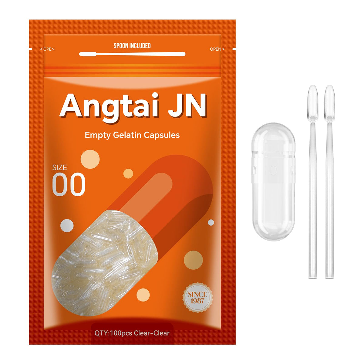Angtai JN empty gelatin capsules size 00 on white background