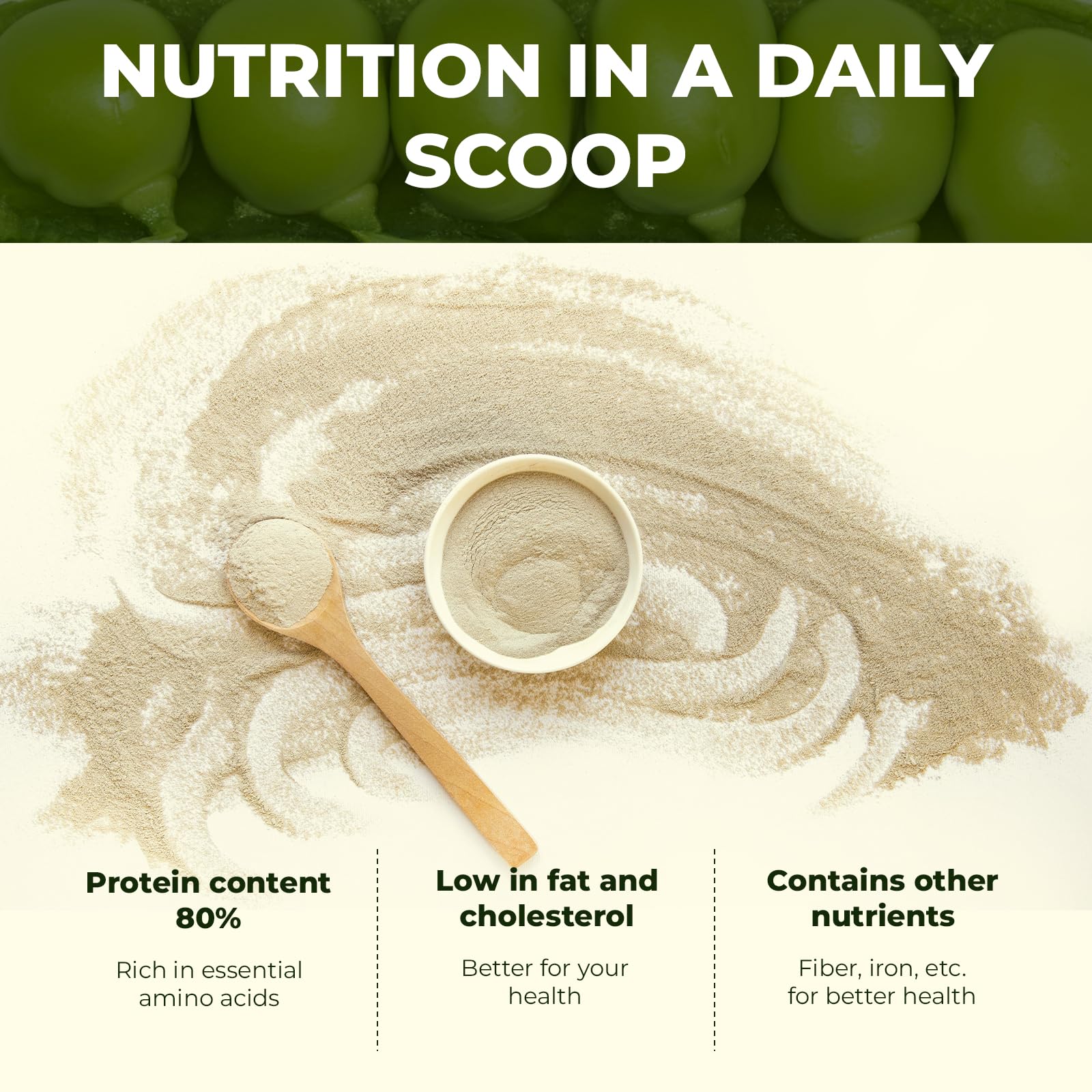 Close-up of Angtai JN pea protein powder texture and powder clarity