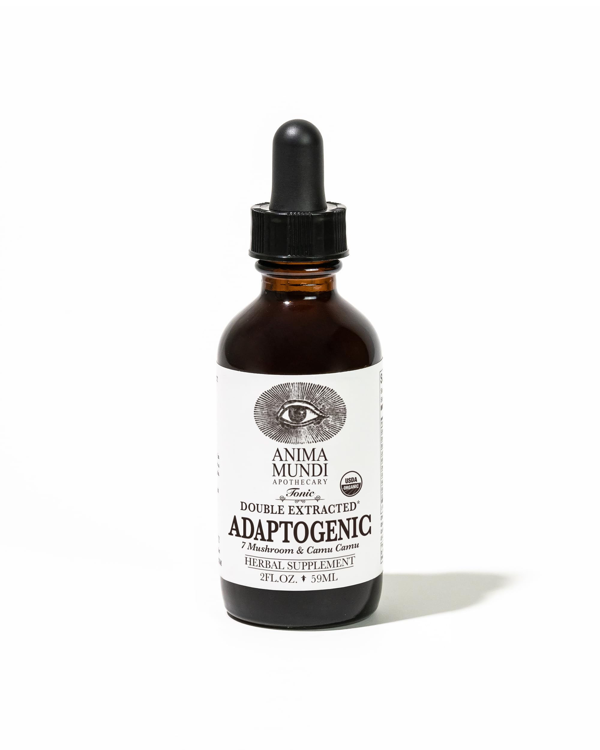 Front view of Anima Mundi Adaptogenic 7 Mushroom Drops bottle (2oz)