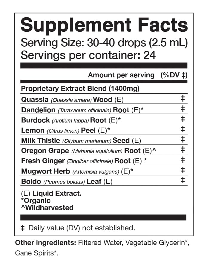 Complete ingredients list for Amargo Digestive Bitters: Quassia, Dandelion, Burdock, Lemon Peel, Milk Thistle, Oregon Grape, Ginger, Mugwort, Boldo, Cardamom, Orange Peel