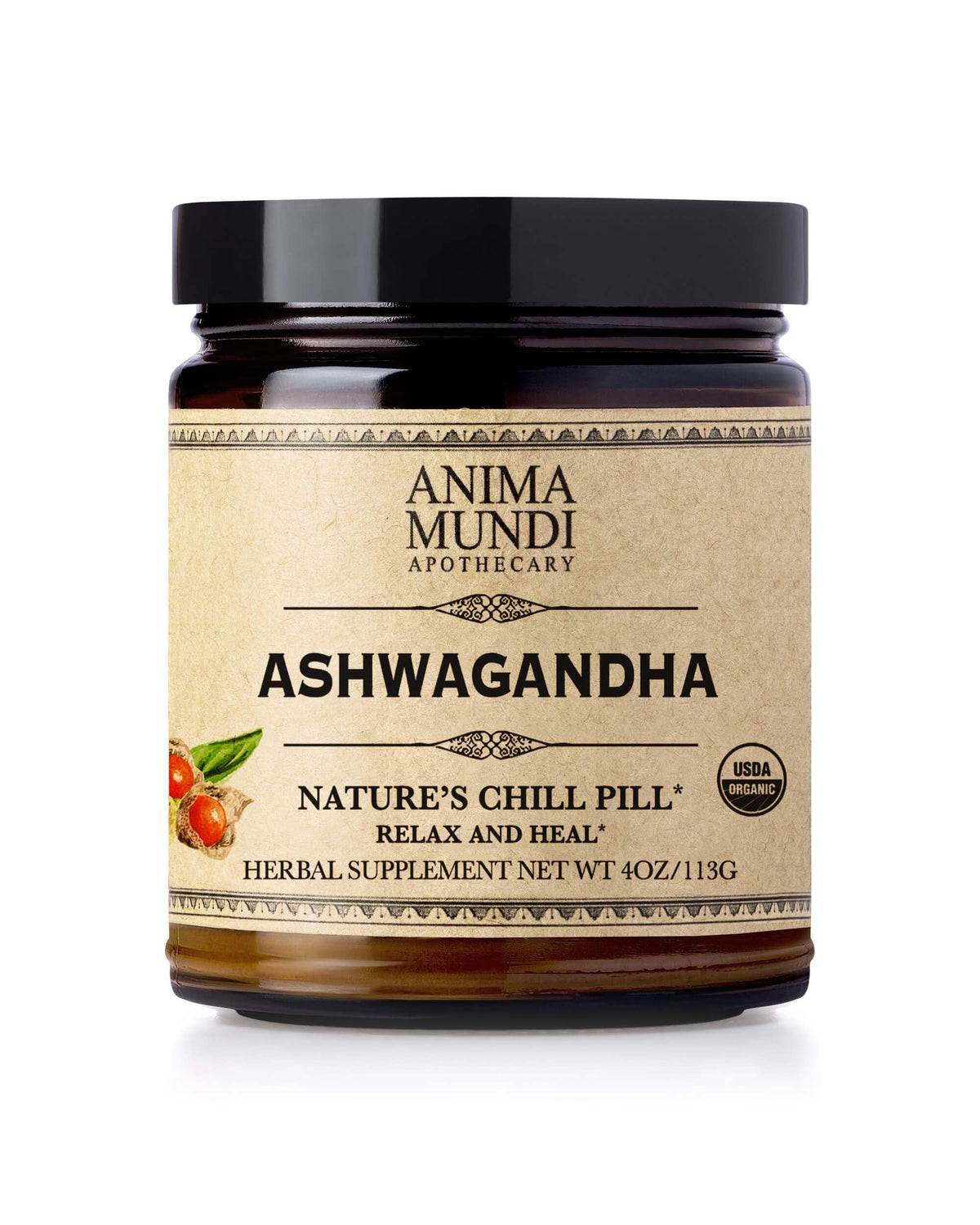 Anima Mundi Ashwagandha Powder jar front label - 4oz (113g)