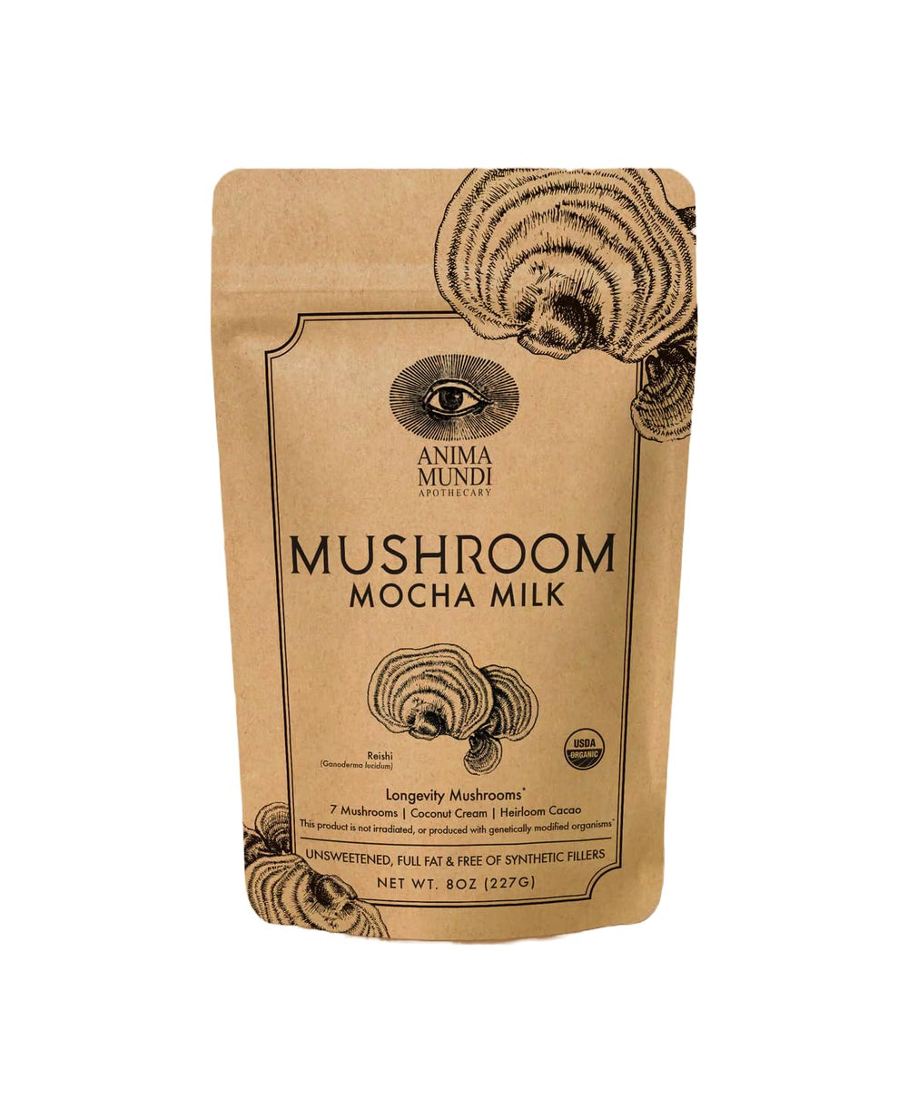 Anima Mundi Mushroom Mocha Milk powder canister with scoop