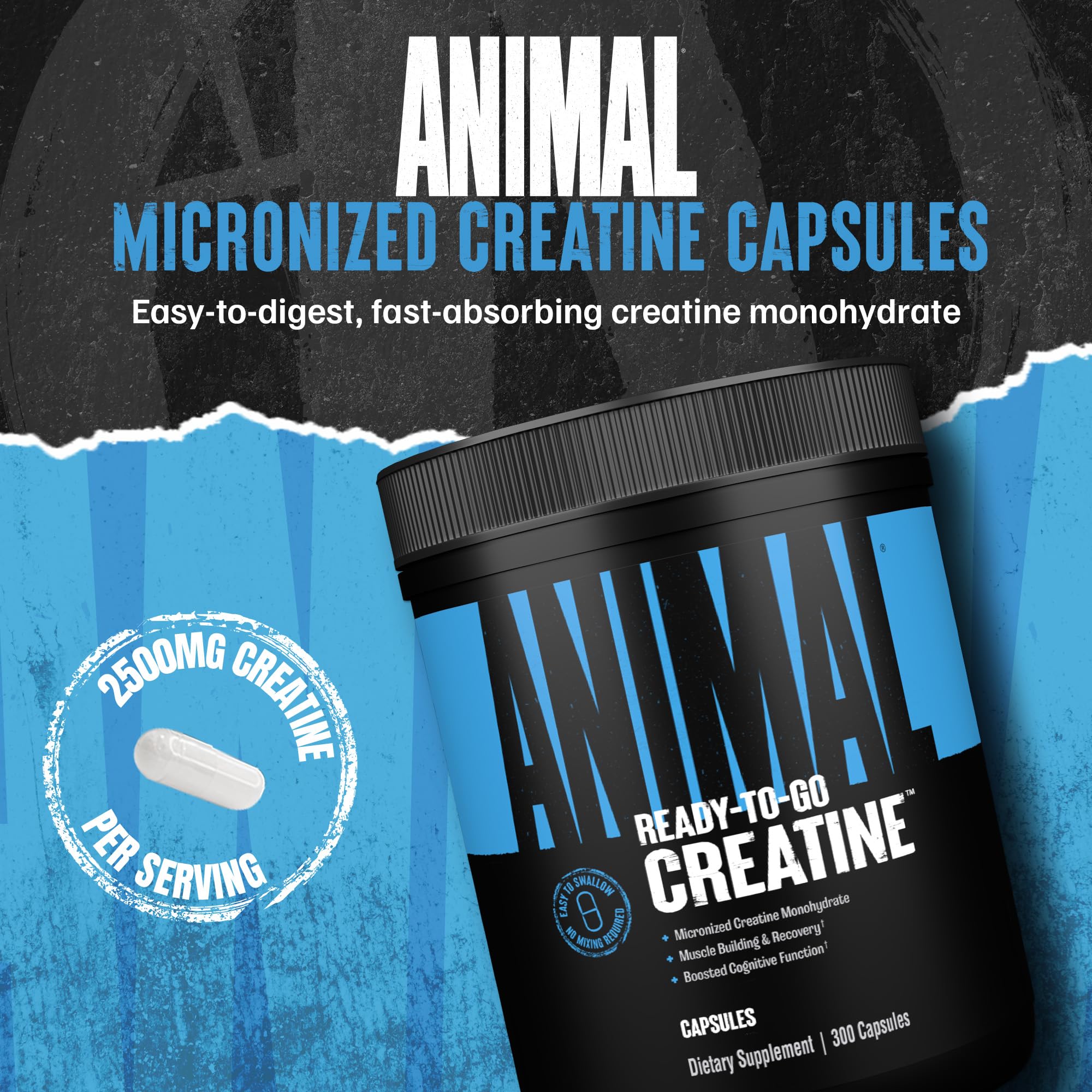 Overview of Animal Creatine Capsules bottle with label
