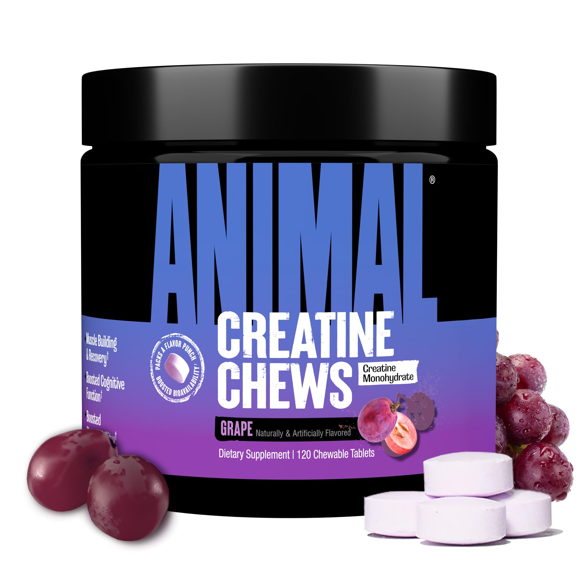 Animal Creatine Chews grape bottle packaging for on-the-go workouts