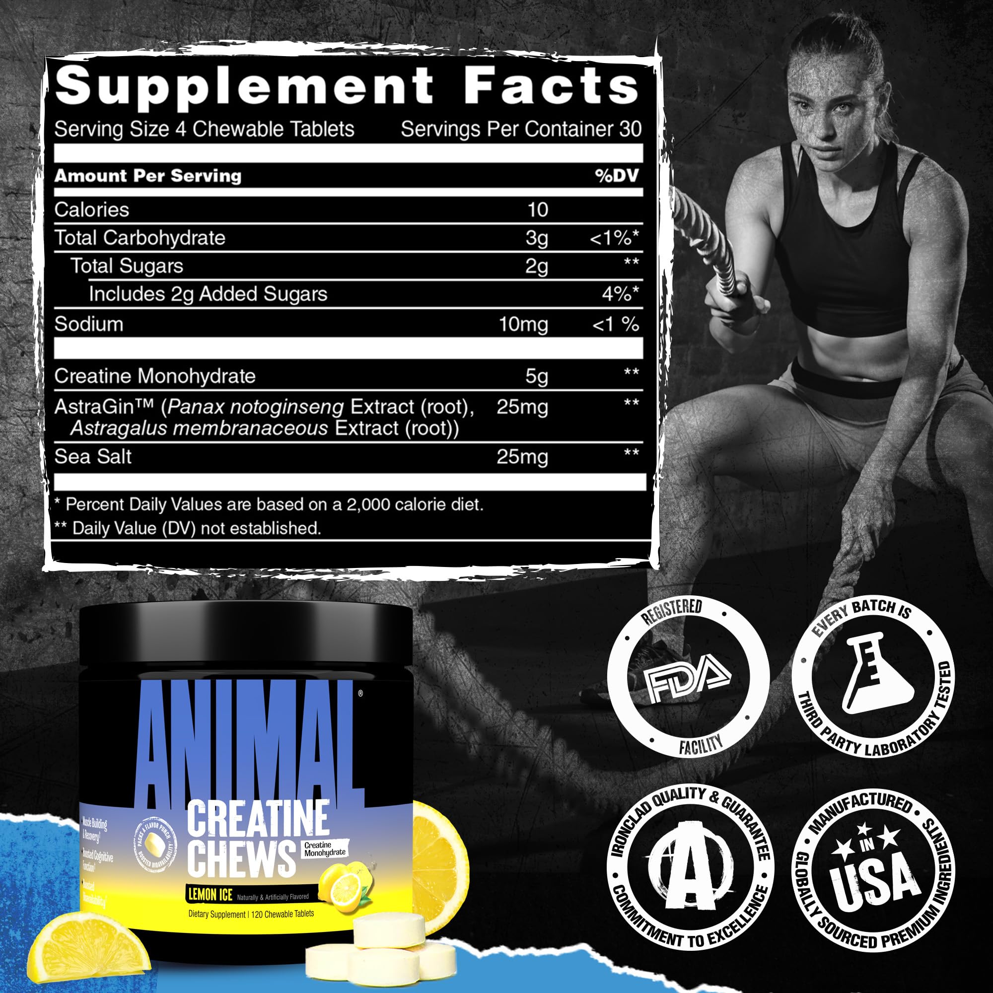 Travel-friendly tub of Animal Creatine Chews Lemon Ice