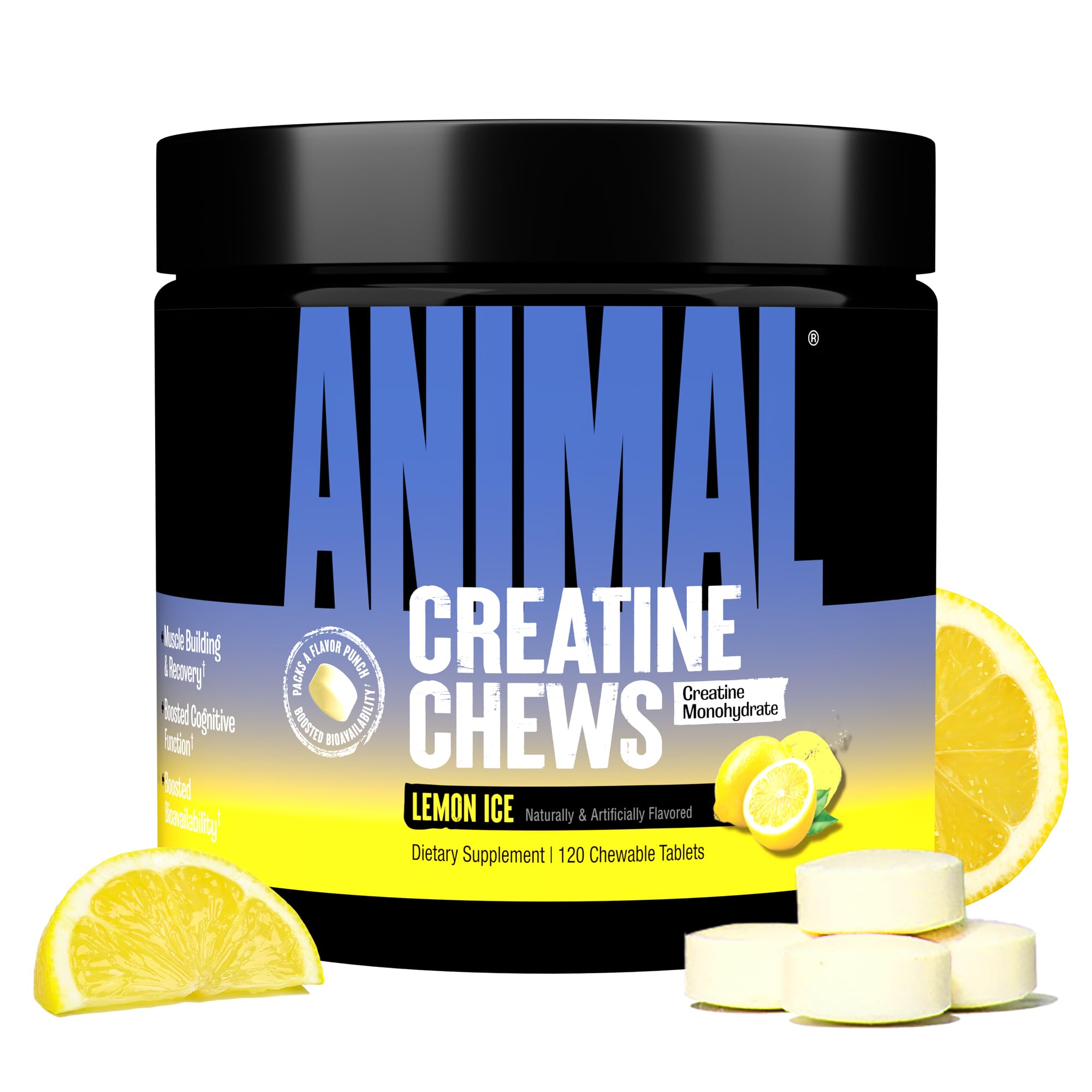 Animal Creatine Chews Lemon Ice tub front shows convenient on-the-go pre and post workout support