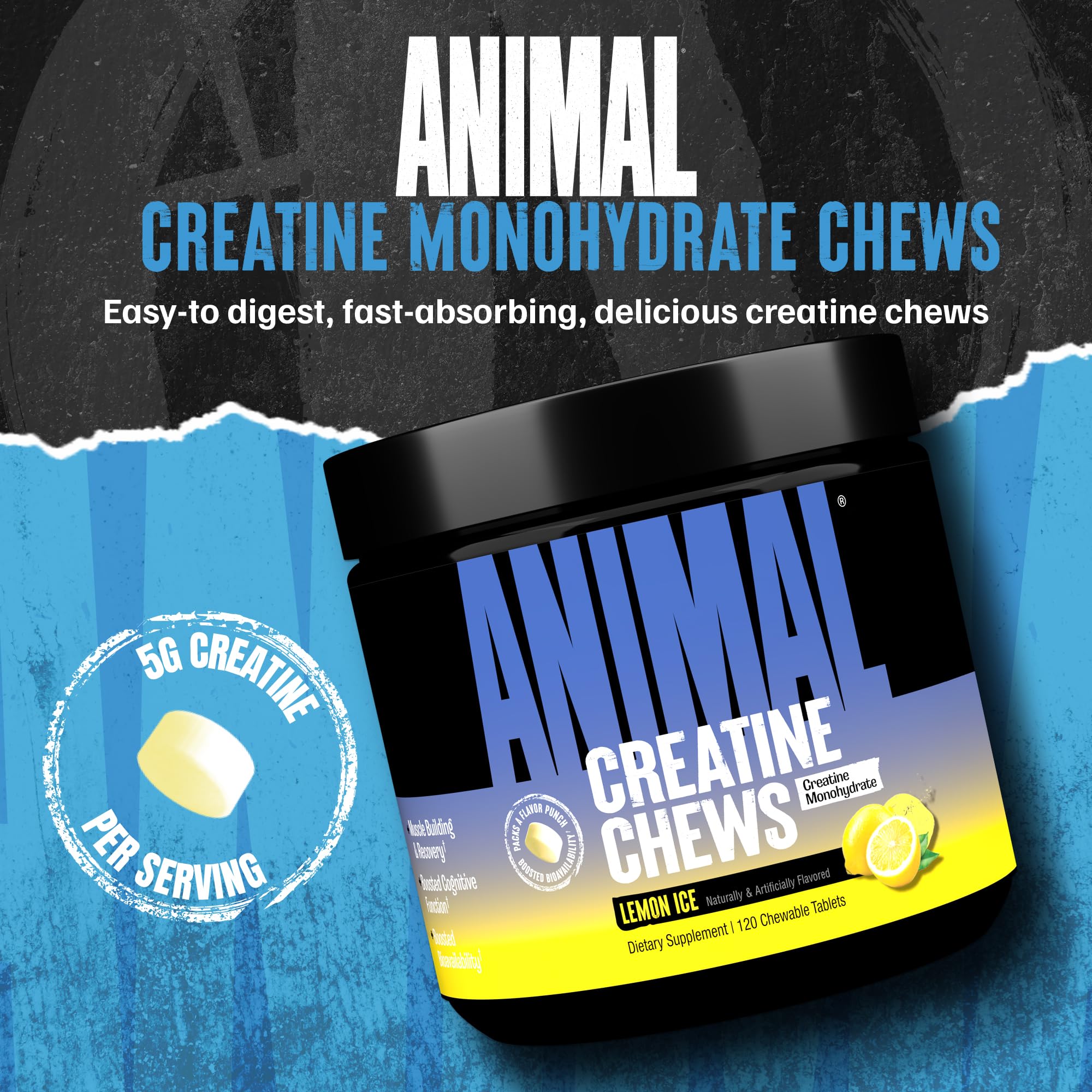 Animal Creatine Chews Lemon Ice tub side emphasizes enhanced absorption with AstraGin for better uptake